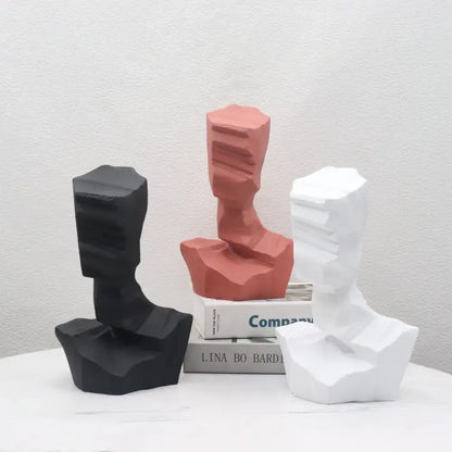 Decorbites abstract characters sculpture featuring three minimalist busts in black terracotta and white for modern decor