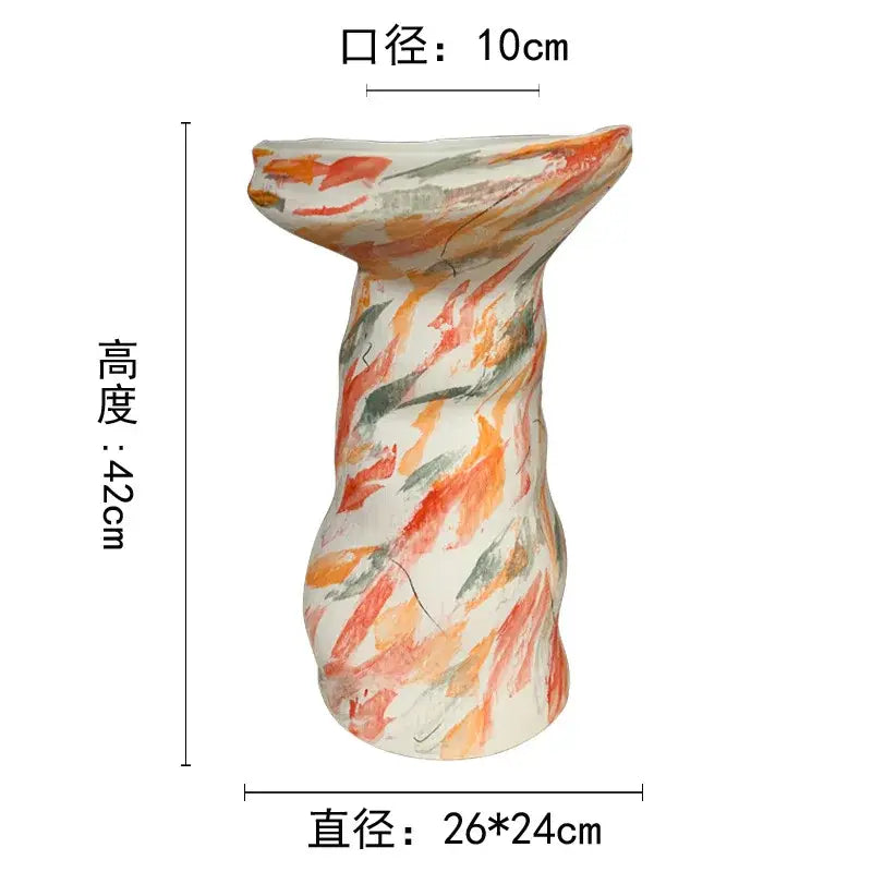 DecorBites abstract clay pot colorful ceramic vase with flared top and orange red green brushstroke patterns on white