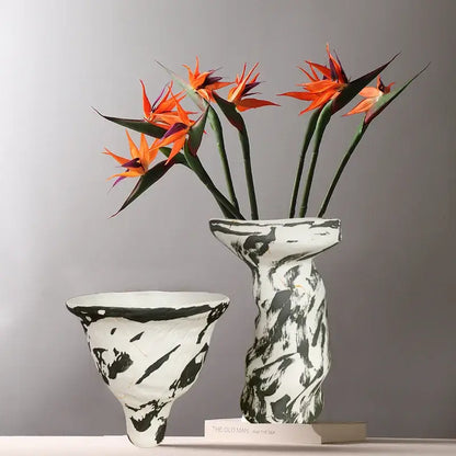 Decorbites abstract clay colorful ceramic clay pot with white base and bold black brushstroke for home decor