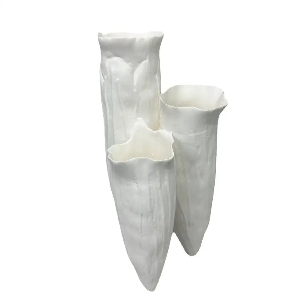White ceramic DecorBites abstract coral reef vase with three tapered, irregular sections and textured surface for home decor