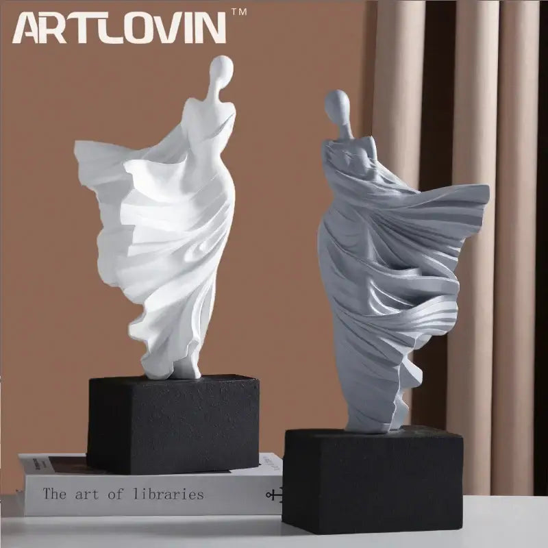 Decorbites abstract dancer resin sculpture features two elegant minimalist female dancer figures in white and gray
