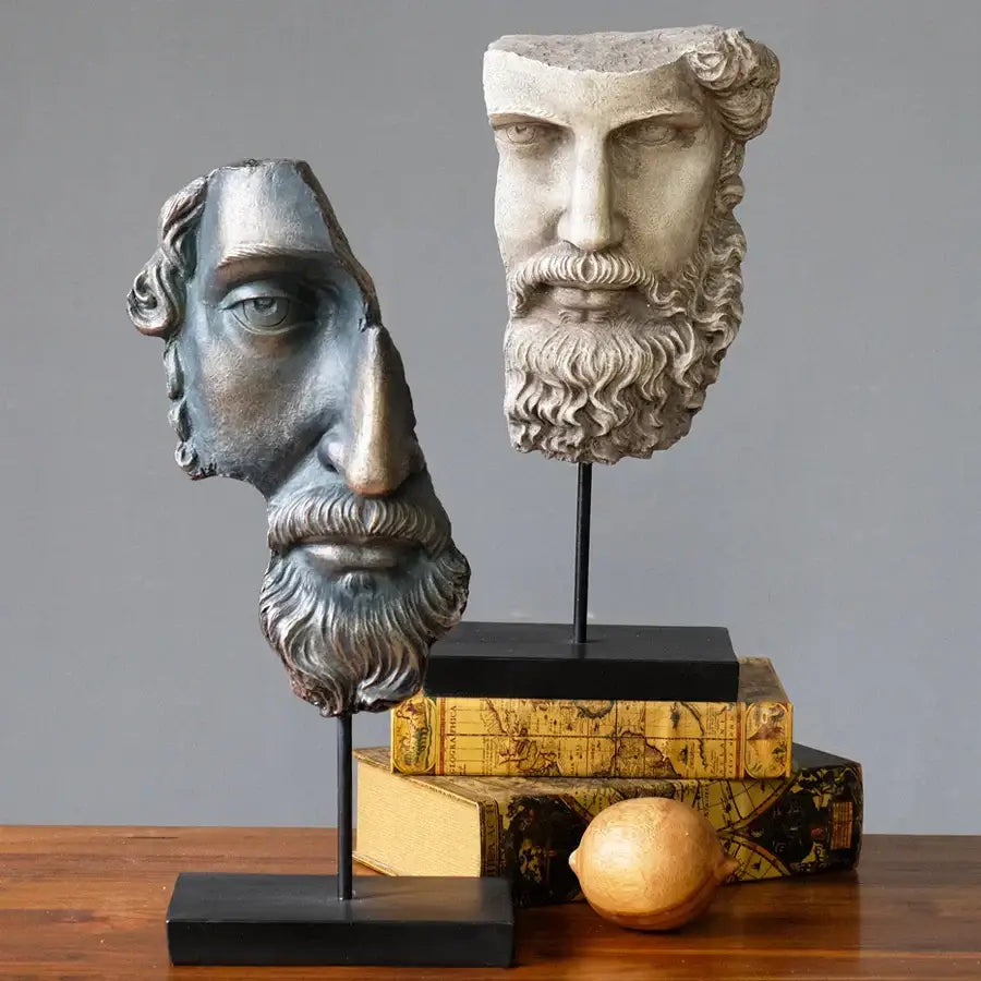 Antique-style decorbites abstract david resin busts with detailed beards in weathered silver-gray and aged white for home decor
