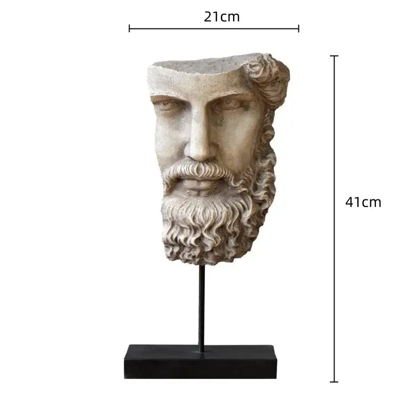 Gray stone bust of a bearded man with curly hair on black stand decorbites abstract david face resin sculpture
