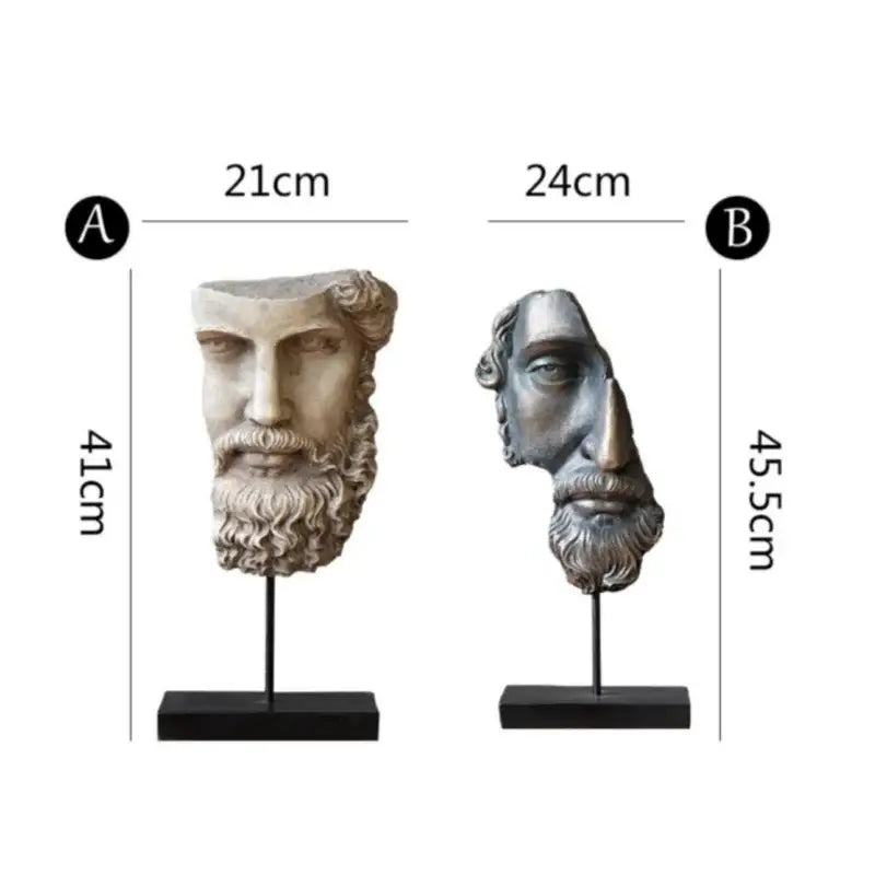 Two decorbites abstract david face resin sculptures in off-white and metallic silver on black stands for home decor