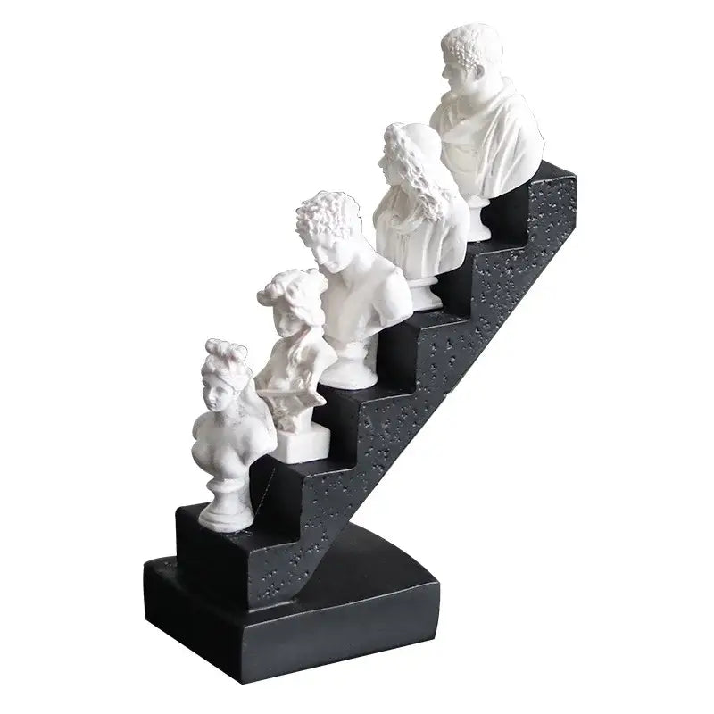 White marble busts arranged in staircase design on black base for home decor decorbites abstract david statue
