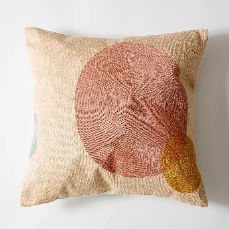 Beige linen pillow cover with decorbites abstract embroidered modern blush pink and mustard circular design 45x45cm