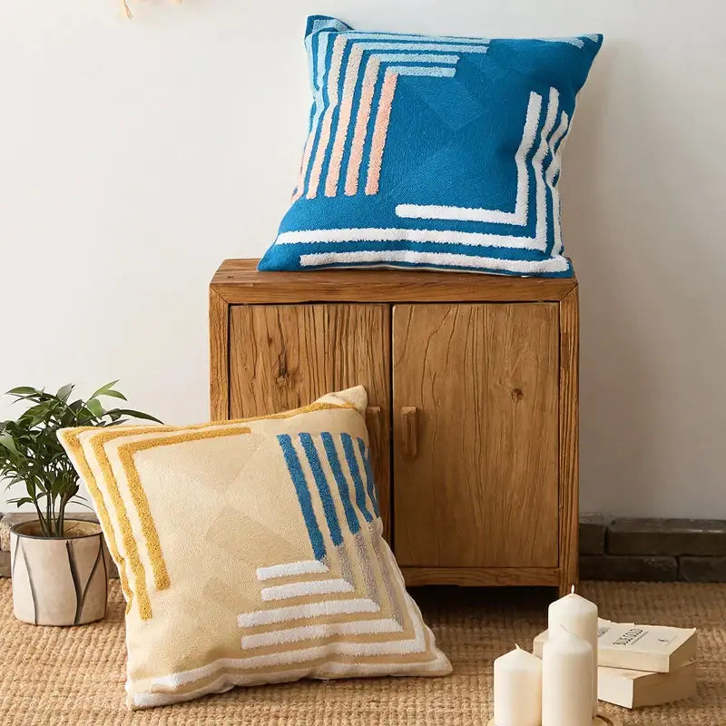 Blue and cream geometric decorbites abstract embroidered pillow cover with textured embroidered stripes for living room
