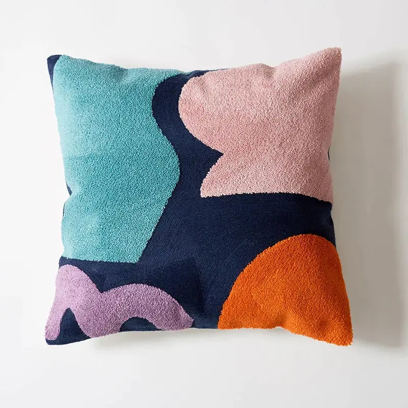 DecorBites abstract embroidered pillow cover 45x45cm with bold geometric teal blush pink navy blue and orange design