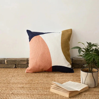 Decorbites abstract embroidered pillow cover 45x45cm with textured geometric pattern in peach beige mustard and navy blue