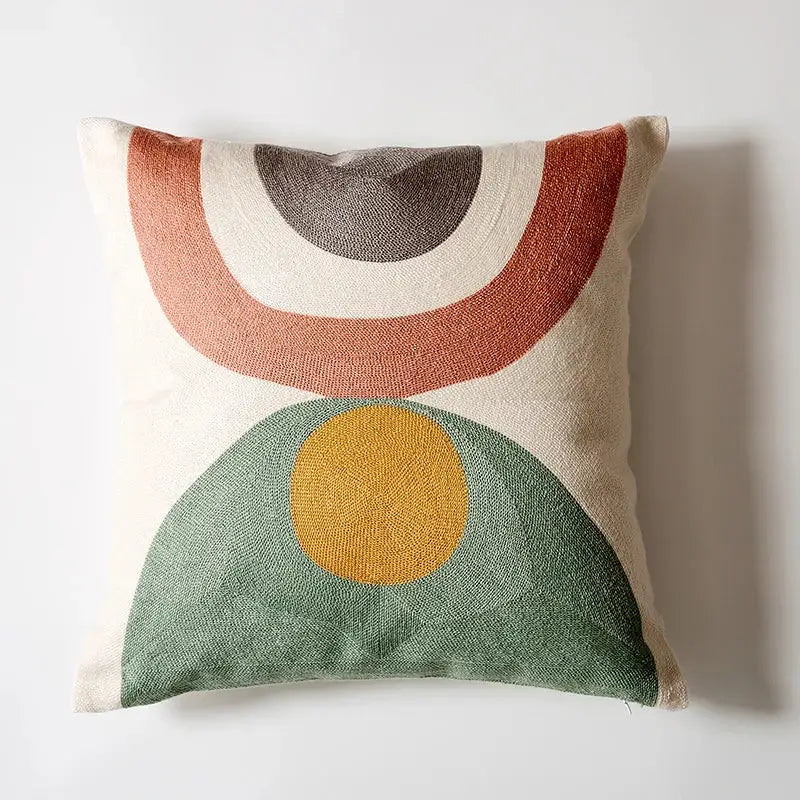 DecorBites abstract embroidered pillow cover with terracotta and cream textured arcs and green semicircle 45x45cm for living room