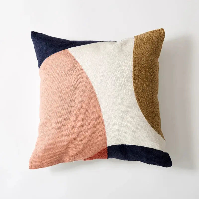 DecorBites abstract embroidered pillow cover 45x45cm with modern navy blue peach cream and brown design for living room