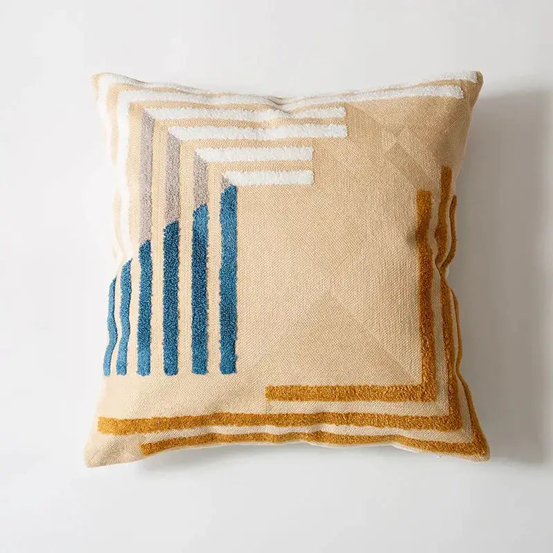 Beige pillow cover with blue mustard yellow and white geometric embroidery decorbites abstract embroidered pillow for living room