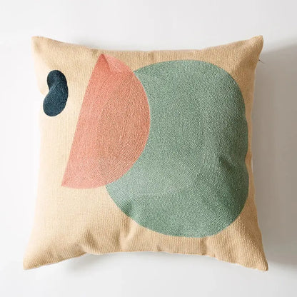 Beige decorbites abstract embroidered pillow cover 45x45cm with teal circle peach semicircle and dark blue teardrop design