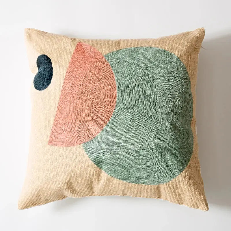 Beige decorbites abstract embroidered pillow cover 45x45cm with teal circle peach semicircle and dark blue teardrop design
