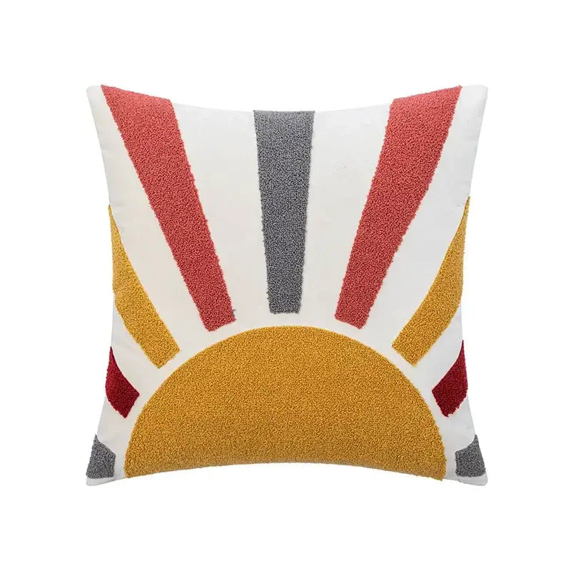 Square soft velvet cushion cover with decorbites abstract embroidery sun design in red yellow and gray on white background