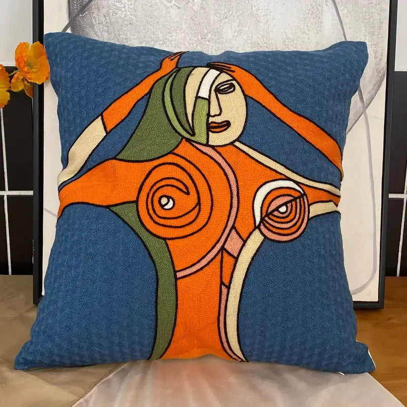 Blue decorbites abstract embroidery pillowcase 45x45cm with orange green cream abstract design on textured fabric background