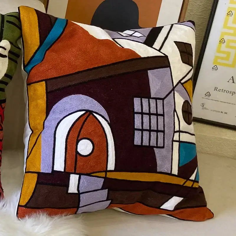 Square decorbites abstract embroidery pillowcase 45x45cm with bold earthy tones and vibrant geometric design for sofa or car