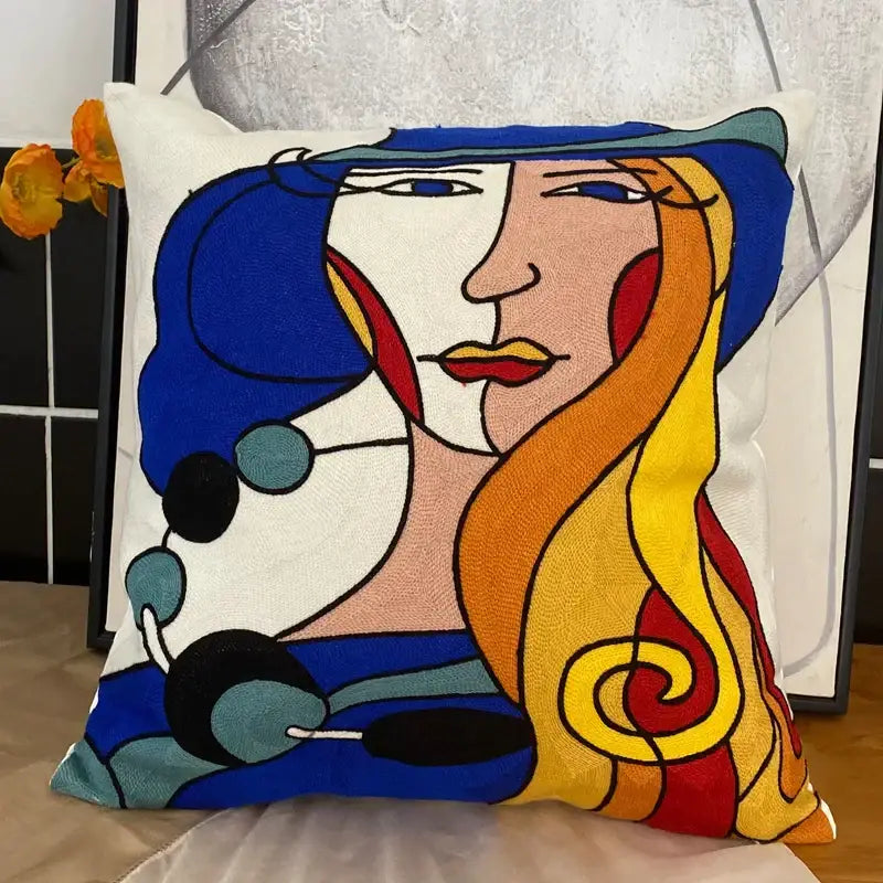 A decorbites abstract embroidery pillowcase 45x45cm with vibrant blue and orange hair portrait and geometric patterns on cream