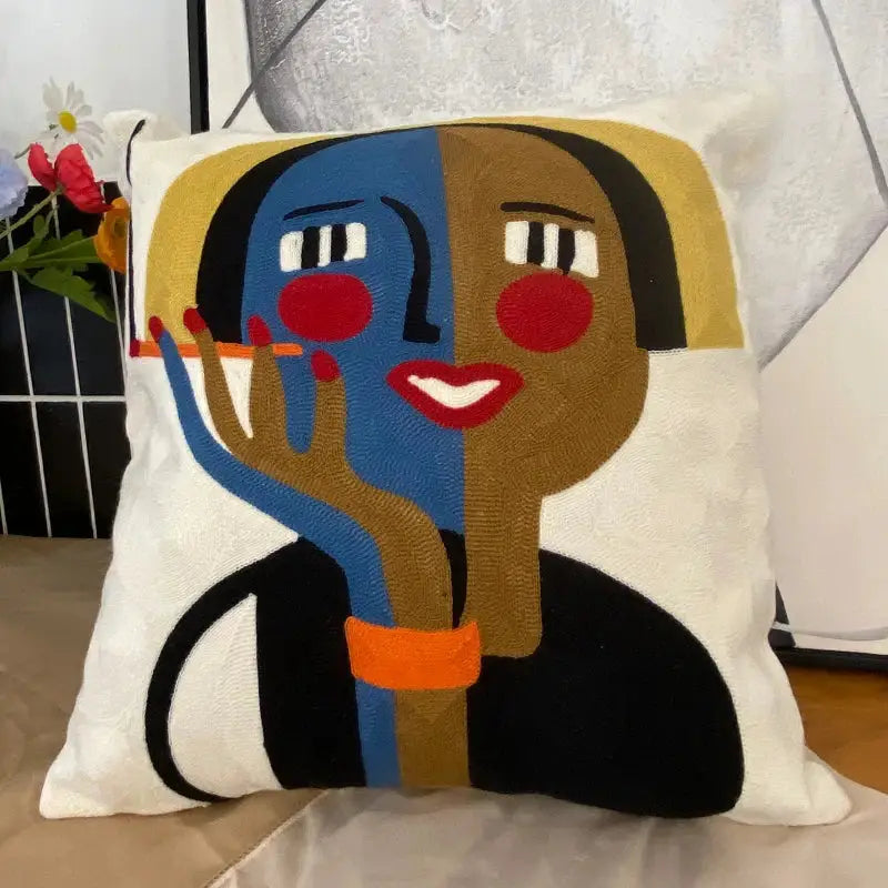 Decorbites abstract embroidery square pillowcase featuring a stylized split face portrait in vibrant colors for sofa and car use