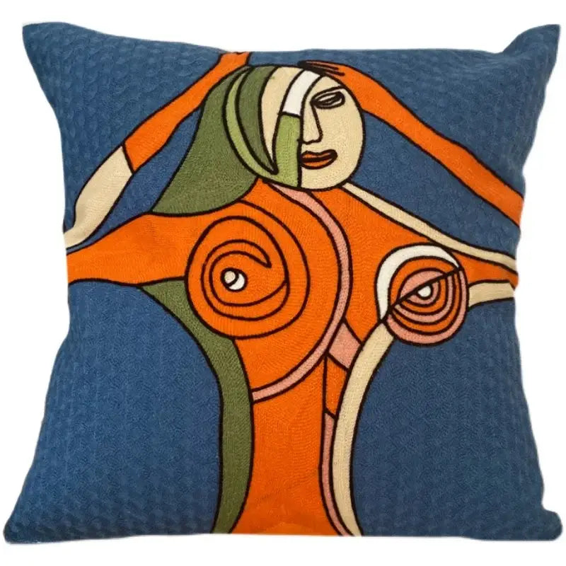 Blue decorbites abstract embroidery pillowcase 45x45cm with embroidered orange green and cream abstract figure for sofa and car