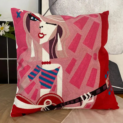 DecorBites abstract embroidery pillowcase 45x45cm vibrant pink and red with stylized woman holding guitar design