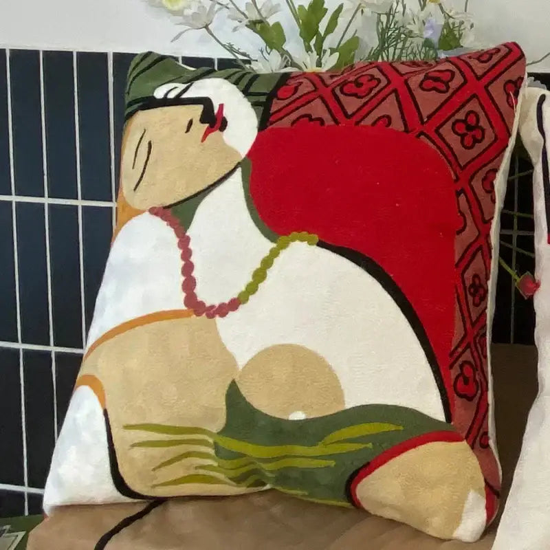 A decorbites abstract embroidery pillowcase featuring a plush square design with bold red and green accents for sofa and car use