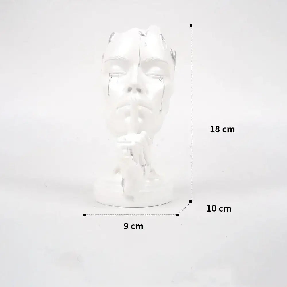 Glossy white ceramic decorbites abstract face mask silence gold resin statue with tear streaks and finger on lips for home decor