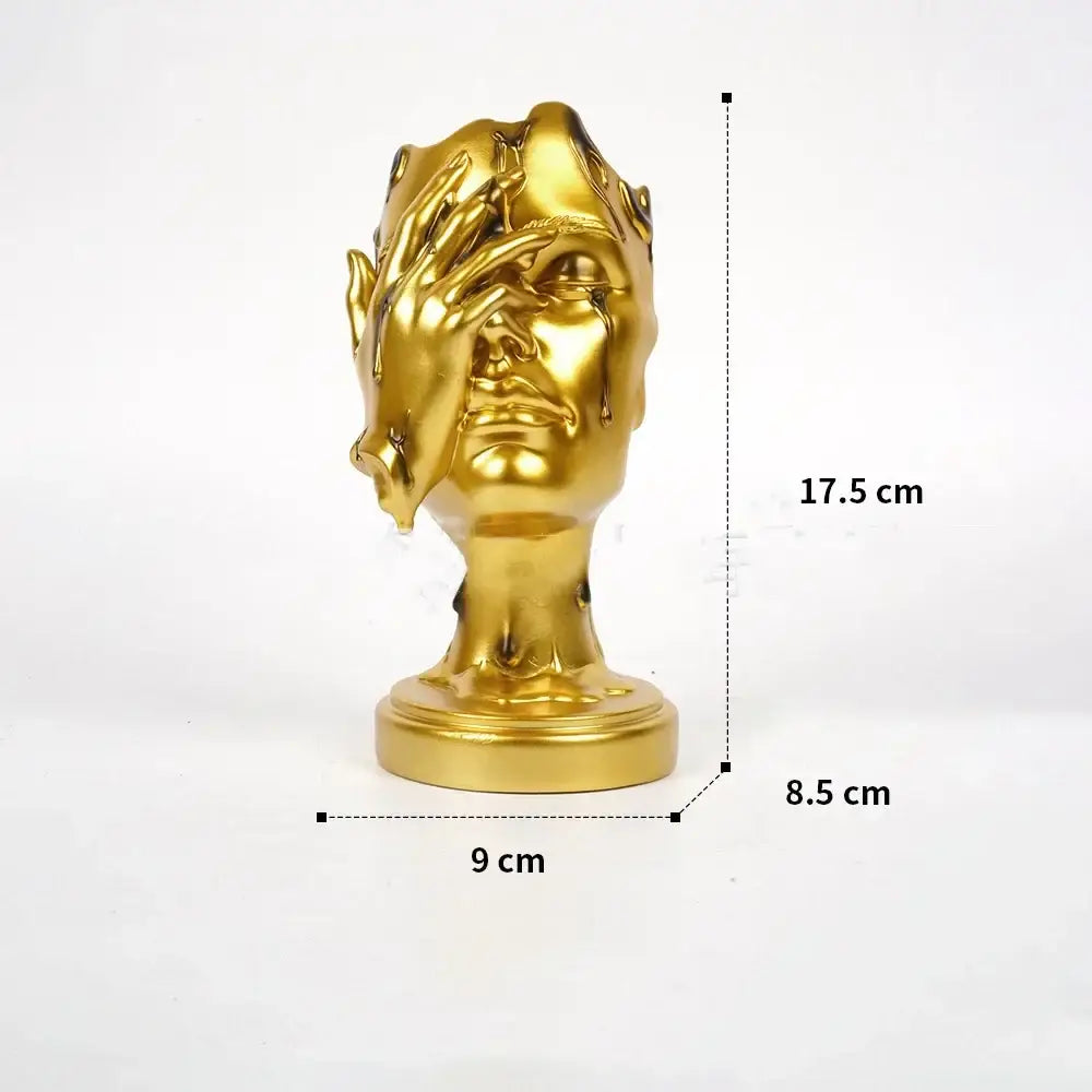 Golden metallic resin decorbites abstract face mask statue with hand covering eyes and tears for home decor display