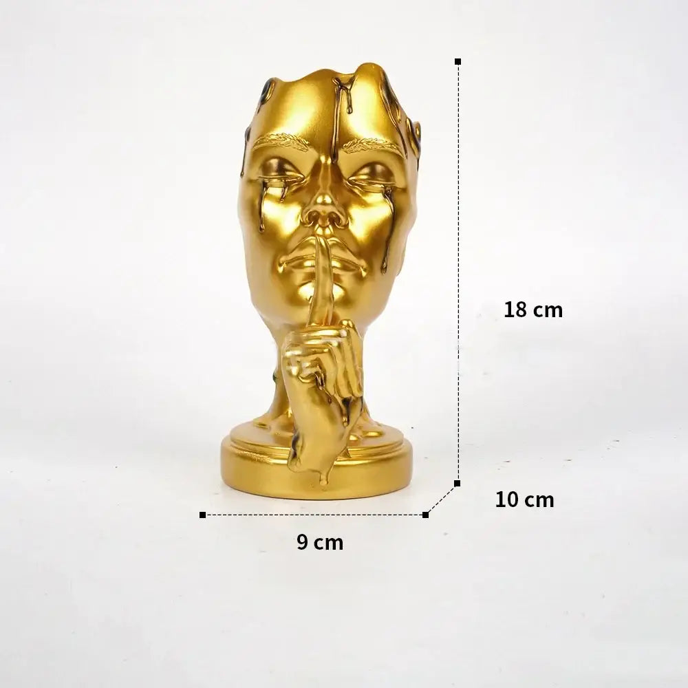 Golden metallic decorbites abstract face mask silence gold resin statue with hand over lips and dripping paint home decor