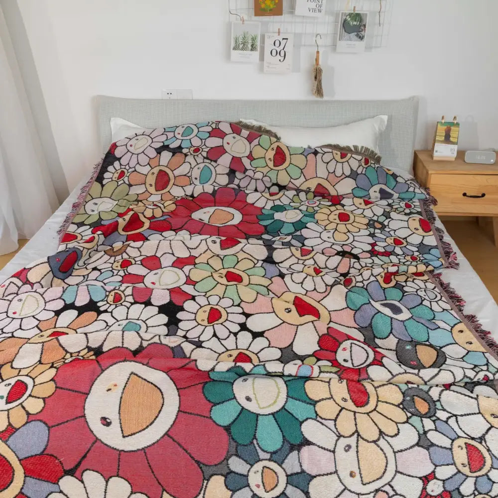 Colorful decorbites abstract face throw blanket 130x180cm with vibrant abstract face pattern and smiling flower design