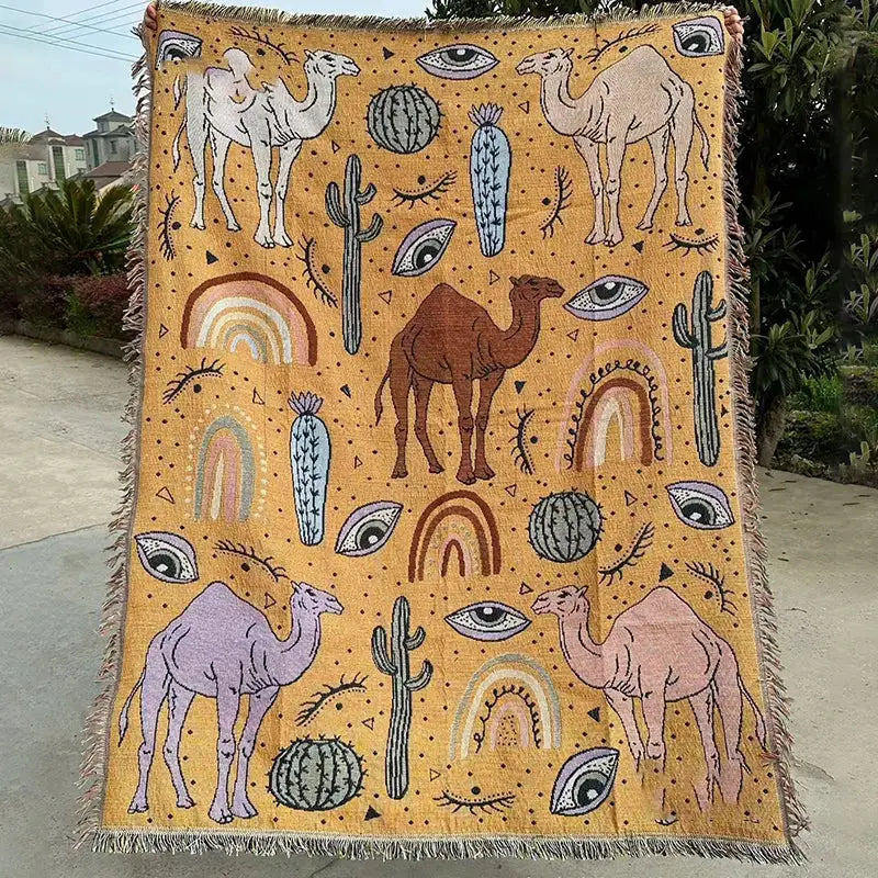 DecorBites™ abstract face throw blanket in vibrant yellow with whimsical camel cactus and rainbow face pattern design