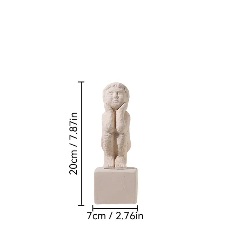 Minimalist off-white family character ceramic figurine with hands on cheeks on a square base decorbites abstract family sculpture
