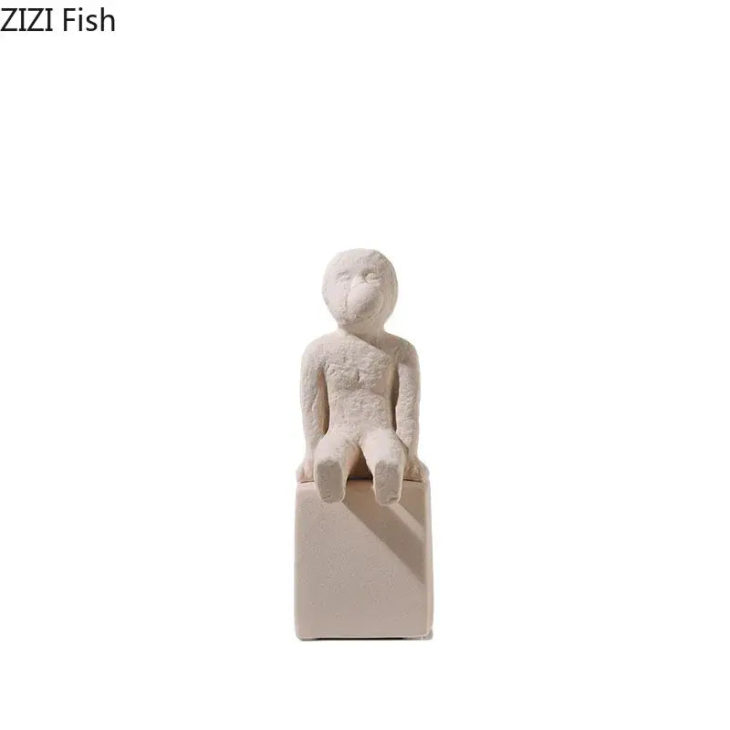 White ceramic decorbites abstract family character sculpture with textured surface for desk decoration