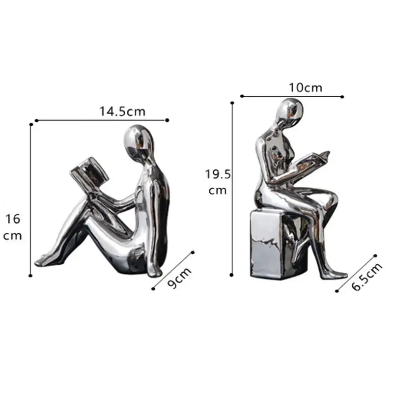 Shiny silver metallic decorbites abstract figure bookend set featuring seated human figures reading books for home decor