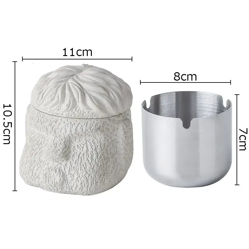 White textured ceramic portraits cement ashtray with lid and silver metallic cup from decorbites abstract figure portraits collection