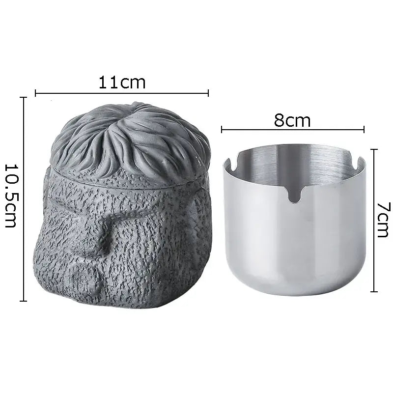 DecorBites™ gray figure portraits cement ashtray shaped as bearded man head with metallic silver base for smoking accessories