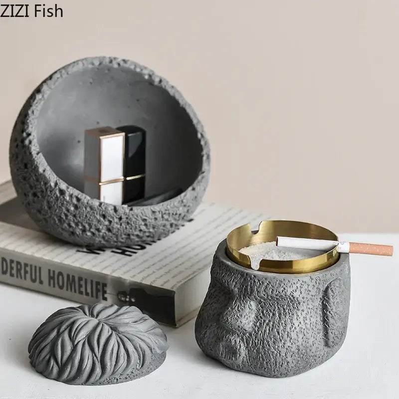Decorbites™ gray concrete portraits cement ashtray with gold rim and brain-shaped lid for smoking accessories gift