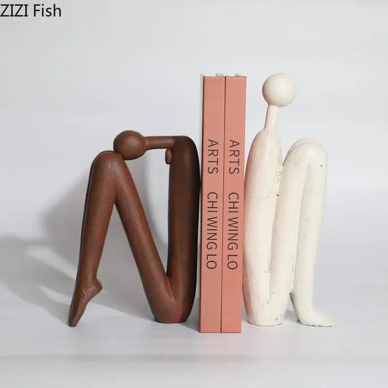 Brown and white decorbites abstract figure resin sculpture bookends with smooth sculpted forms for modern desk decor