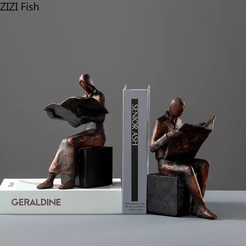 Bronze decorbites abstract figure sculpture bookend with seated figures reading newspapers resin desk decoration