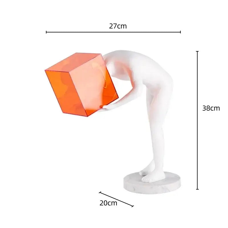 DecorBites™ abstract white figurine sculpture with translucent orange cube on head on marble base cage human body decor