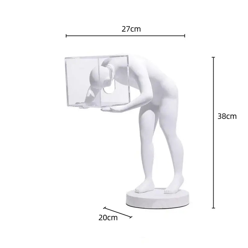 White resin DecorBites™ abstract figure sculpture bent over holding transparent cube cage human body mind decor