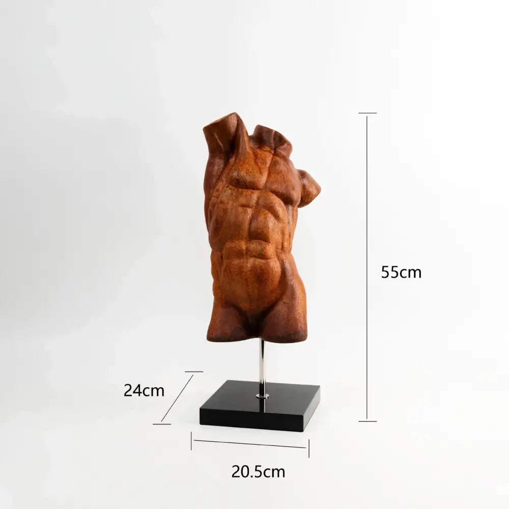 Brown wooden decorative figurine of a muscular male torso on black base decorbites abstract figure sculpture