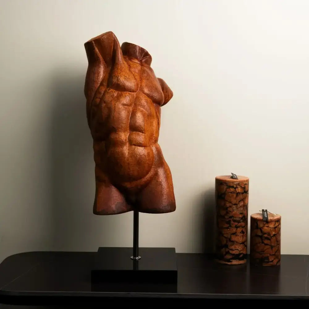 Brown wooden muscular torso decorative figurine on black stand decorbites abstract figure sculpture for decor