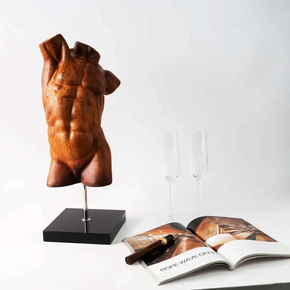 Brown wooden decorbites abstract figure decorative figurine of a muscular male torso on a black base