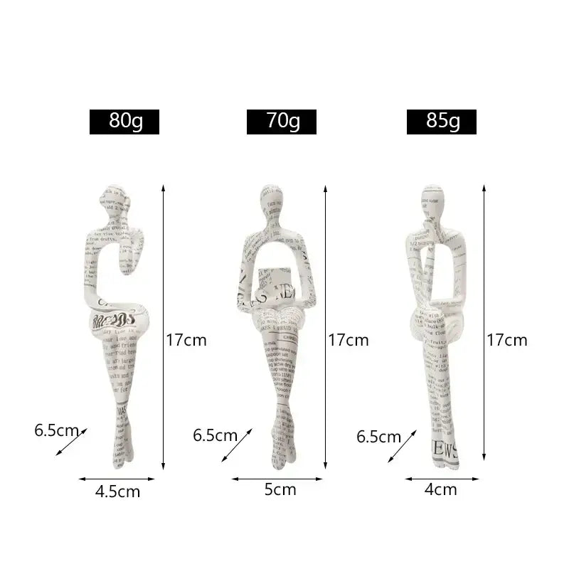 Three white paper-art decorbites abstract figurine modern sculptures made from printed newspaper for home decor display