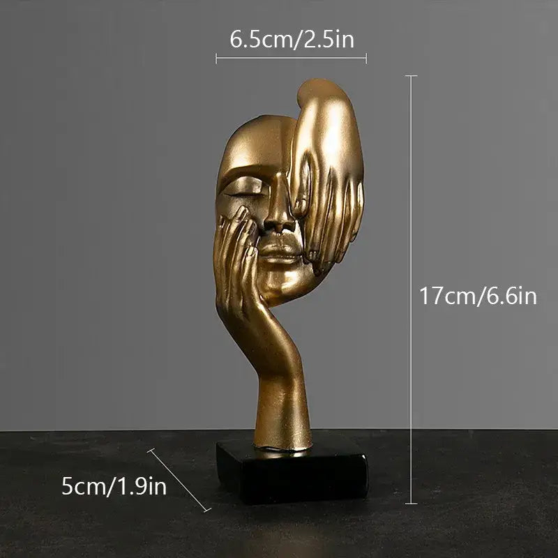 Golden metallic face sculpture with hands on black base modern decorbites abstract figurines office desk decoration