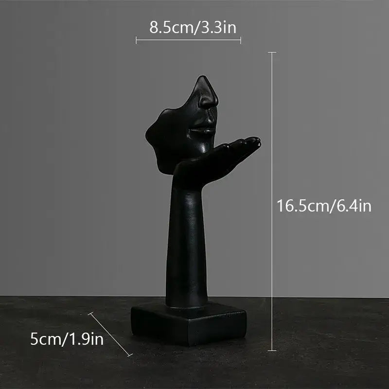 Decorbites abstract figurines black glossy resin sculpture of stylized face with open mouth and outstretched hand on base