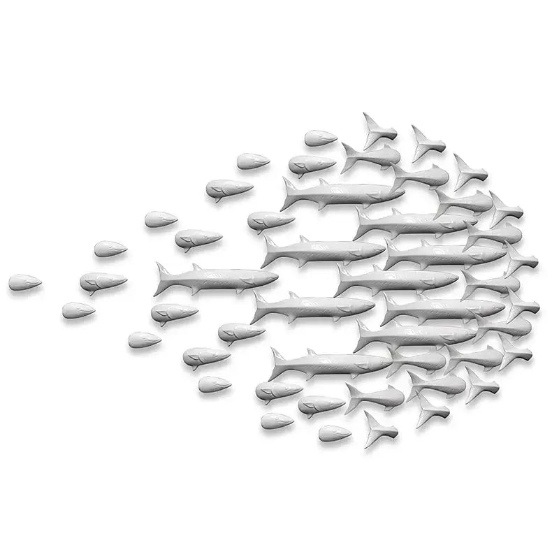 White plastic shark wall art sculpture of a school of fish in formation from decorbites abstract fish ceramic wall set
