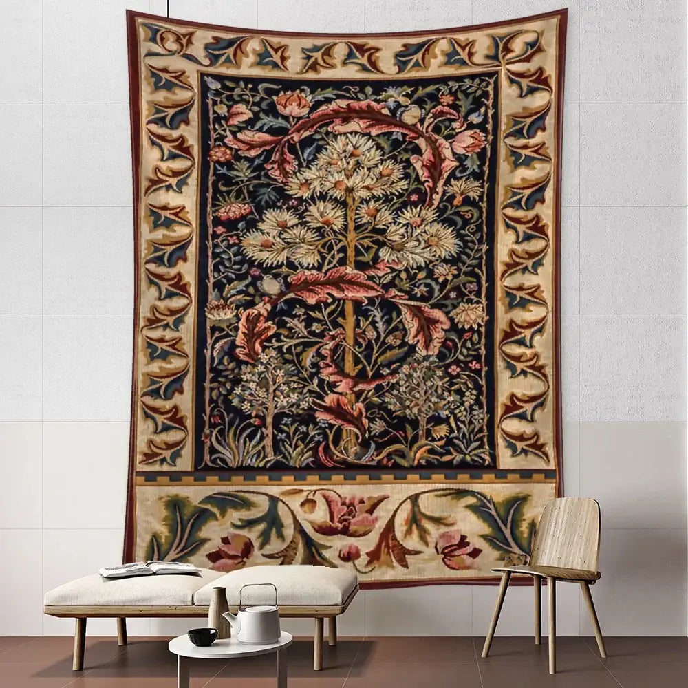 Decorbites abstract flowers dark blue tapestry with cream pink and gold floral leaves decorative border wall hanging