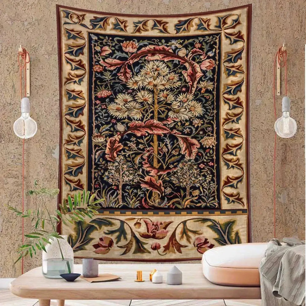 Decorbites abstract flowers tapestry wall hanging with intricate floral and tree design in navy and cream tones
